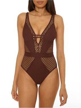 BECCA Brown Mesh One-Piece Swimsuit with Strappy V-Neck Small